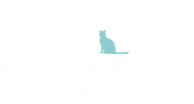 A white silhouette of a dog and a blue silhouette of a cat are above the words PETS IN NEED Saving Since 1965 on a light background.